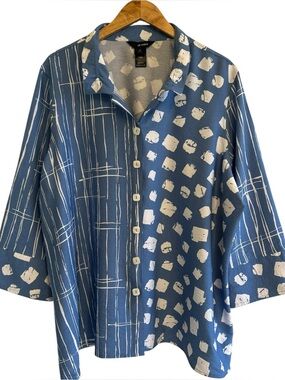 Ali Miles Womens Button Up Blouse Plus Size 2X Art -To -Wear Blue White Coastal